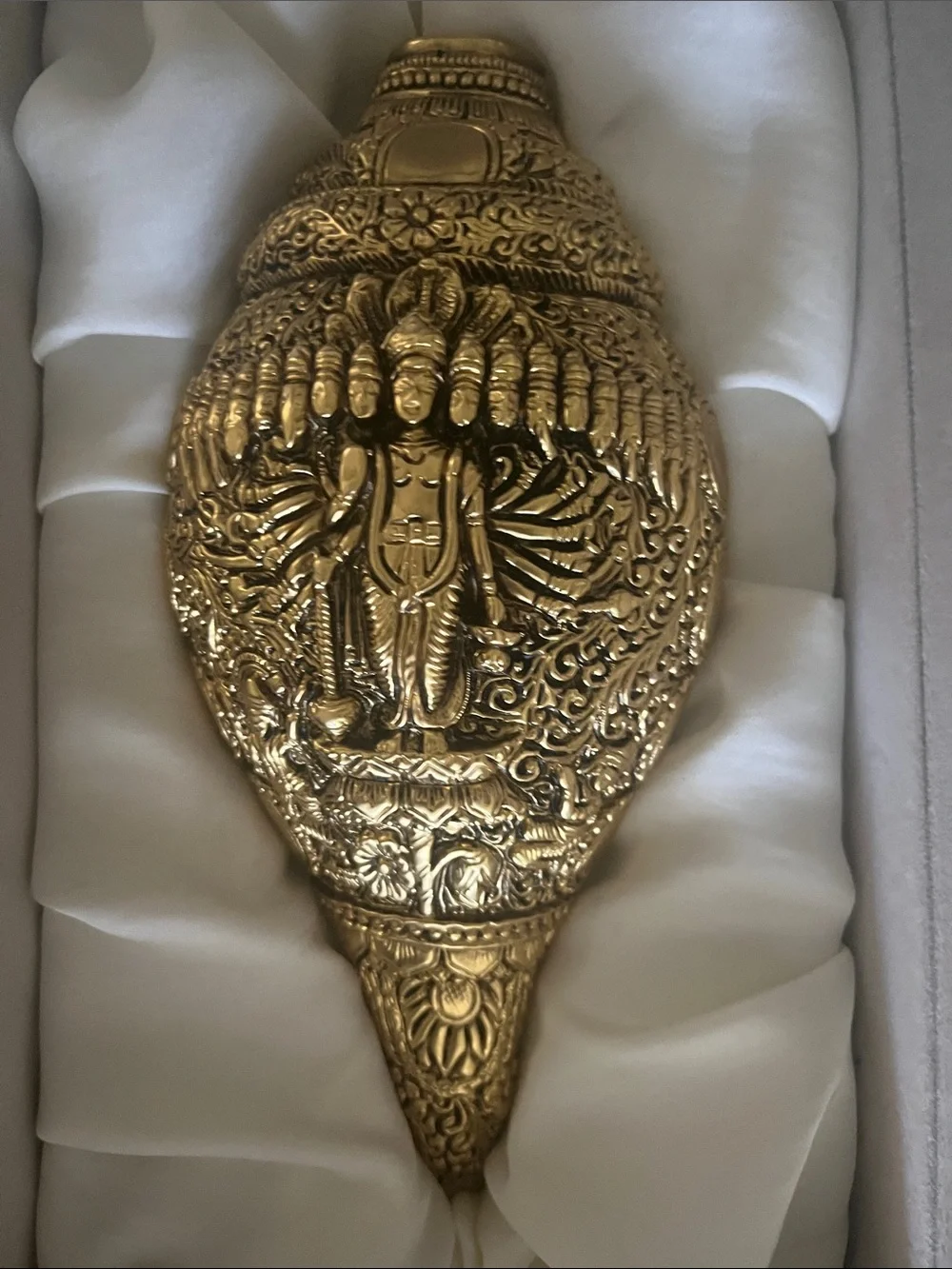 Decorative Brass Conch Intricately Carved with the 10 Avatars of Lord Vishnu